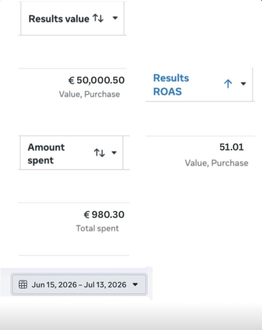 Ads Manager showing 50,000.50 EUR in purchase value from 980.30 EUR spent, a 51.01 return on ad spend, 15 June to 13 July 2026.